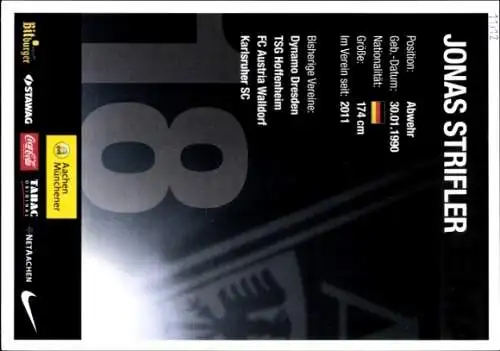 Autogrammkarte Fußballer Jonas Strifler, Alemannia Aachen, Autogramm