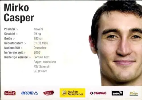 Autogrammkarte Fußballer Mirko Casper, Alemannia Aachen, Autogramm