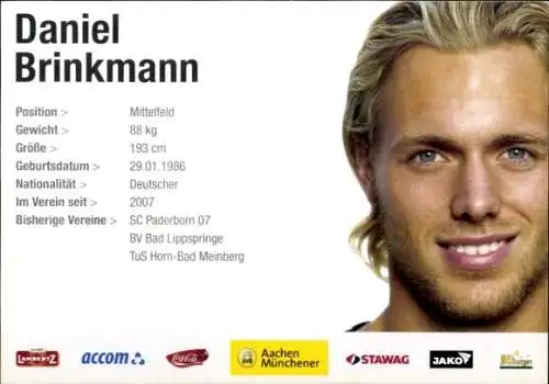 Autogrammkarte Fußballer Daniel Brinkmann, Alemannia Aachen, Autogramm
