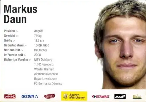Autogrammkarte Fußballer Markus Daun, Alemannia Aachen, Autogramm