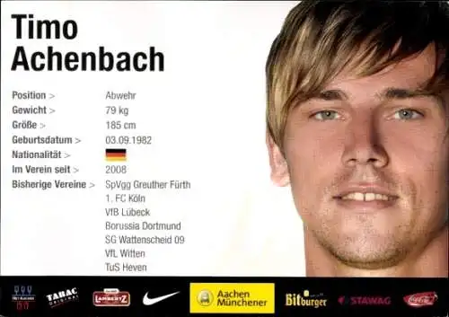Autogrammkarte Fußballer Timo Achenbach, Alemannia Aachen, Autogramm