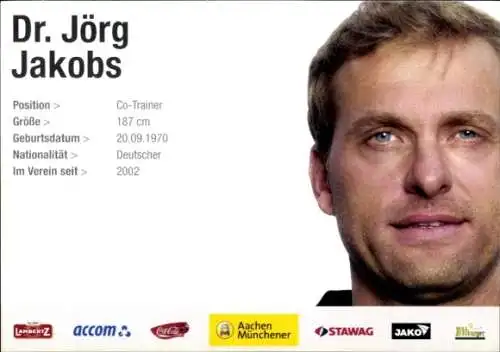 Autogrammkarte Co. Trainer Jörg Jakobs, Alemannia Aachen, Autogramm