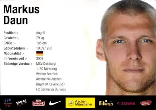 Autogrammkarte Fußballler Markus Daun, Alemannia Aachen, Autogramm