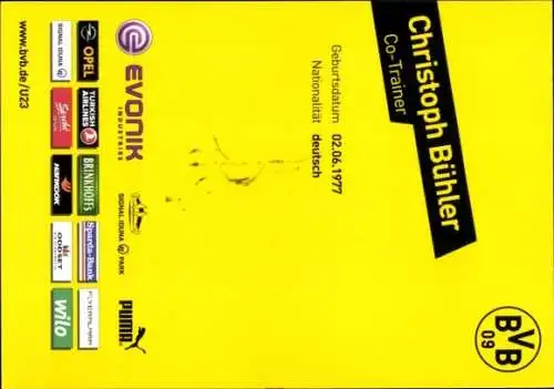 Autogrammkarte Co Trainer Christoph Bühler, BVB 09, U 23, Autogramm