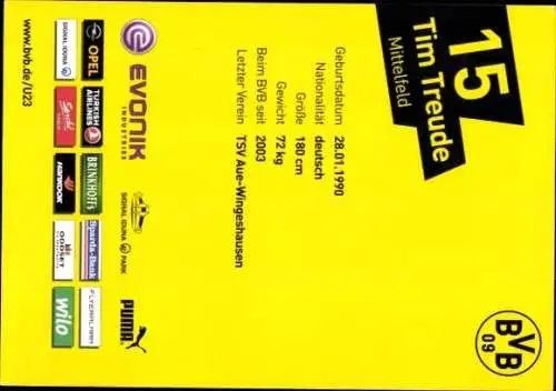 Autogrammkarte Fußballer Tim Treude BVB 09, U 23, Autogramm