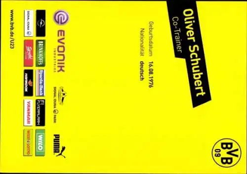 Autogrammkarte Co Trainer Oliver Schubert, BVB 09, U 23, Autogramm