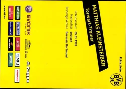 Autogrammkarte Torwart Trainer Matthias Kleinsteiber, BVB 09, Autogramm