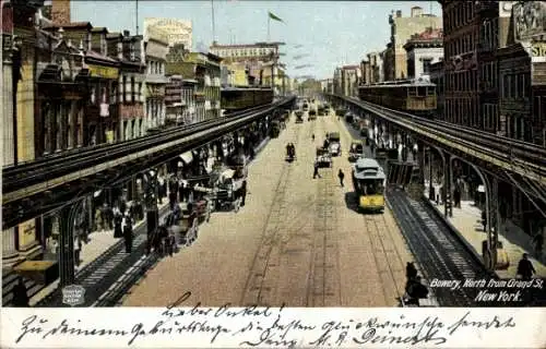 Ak New York City USA, Bowerystraße, Straßenbahn, historische Architektur, Stadtbild