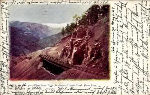 Ak Cripple Creek Colorado USA, Blick von Point Sublime, Cripple Creek, Eisenbahnlinie, Berglan...