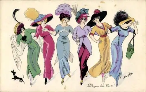 Künstler Ak sechs Frauen in Kleidern