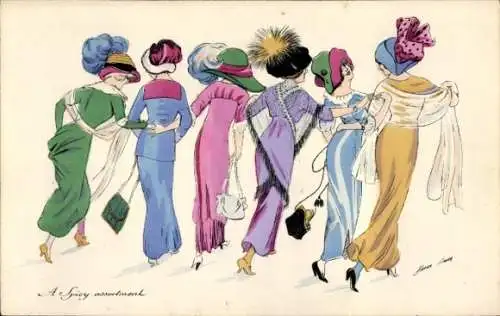 Künstler Ak sechs Frauen in Kleidern