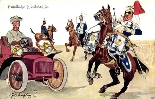Künstler Ak Schönpflug, Fritz, Feindliche Pferdekräfte, berittene Soldaten, Automobil