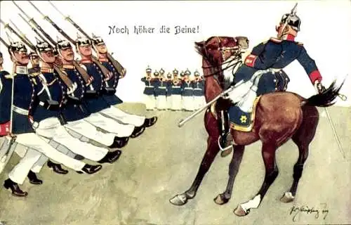 Künstler Ak Schönpflug, Noch höher die Beine, marschierende Soldaten