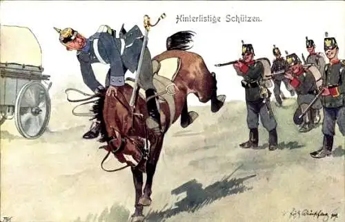Künstler Ak Hinterlistige Schützen, Soldat zu Pferde und Infanterie