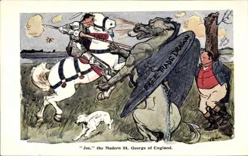 Künstler Ak Joe, der moderne Heilige Georg von England erlegt den Freien Handels Drachen