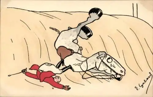 Künstler Ak Karikatur eines stürzenden Rennpferdes mit Reiter