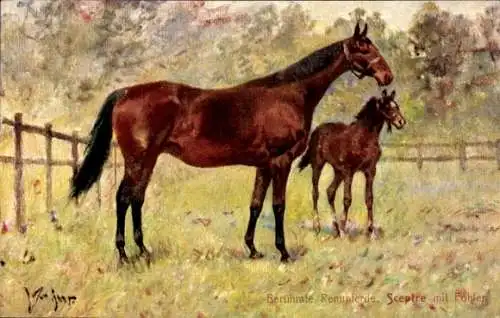 Künstler Ak Braunes Pferd mit Fohlen auf der Koppel
