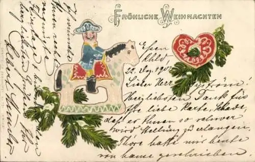 Litho Fröhliche Weihnachten, Reiterfigur, Herz