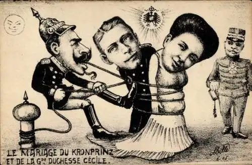 Ak Hochzeit des Kronprinzen und Großherzogin Cecilie, Cecilie zu Mecklenburg, Karikatur