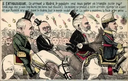 Künstler Ak Karikatur, Alphonse XIII, Emile Loubet, Enthousiasme, en arrivant à Madrid