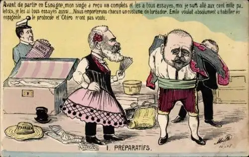 Künstler Ak Preparatifs, Avant de partir en Espagne, Emile Loubet