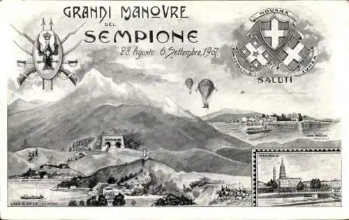 Ak Simplon Kanton Wallis, Größes Manöver 1907, Sempione, Hospice, Wappen