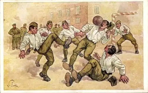 Künstler Ak Tschechische Soldaten spielen Fußball