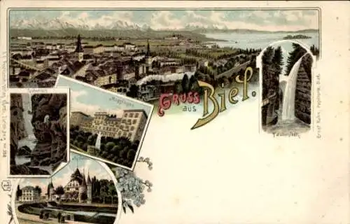 Litho Biel Bienne Kt. Bern, Gesamtansicht, Wasserfälle, Magglingen