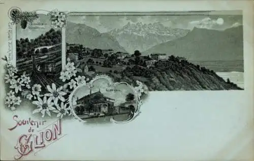 Mondschein Litho Glion Montreux Kanton Waadt, Gesamtansicht, Bergbahn