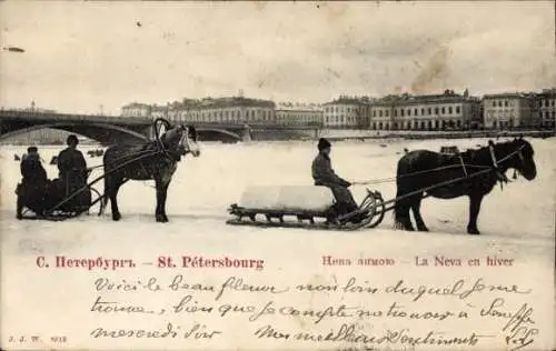 Ak Sankt Petersburg Russland, Pferdeschlitten, Brücke, Winter