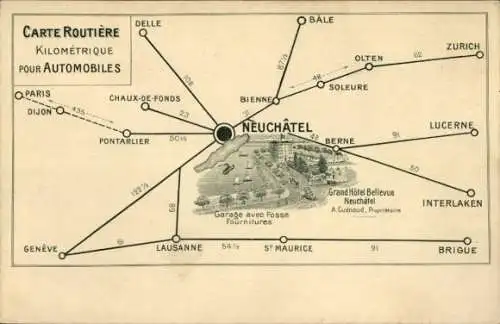 Ak Neuchâtel Neuenburg Stadt, Umgebungskarte, Grand Hôtel Bellevue