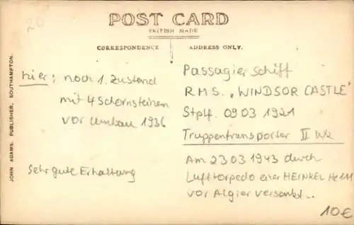 Ak Truppentransporter und Passagierschiff RMS Windsor Castle