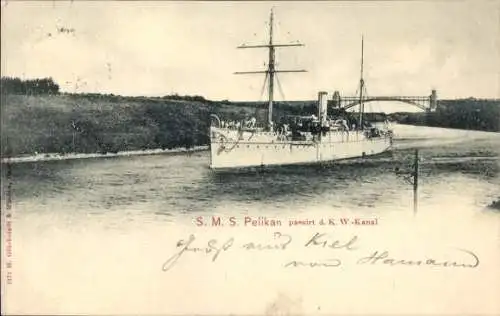 Ak Schiff SMS Pelikan passiert Kanal, Kaiserliche Marine