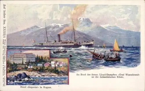 Künstler Litho Ragusa Dubrovnik Kroatien, Dampfer Graf Wurmbrand, Österr. Lloyd, Hotel Imperial