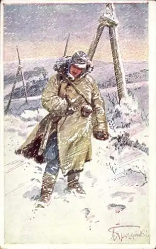Künstler Ak KuK Soldat in Winterkleidung, Hilfsaktion Kälteschutz