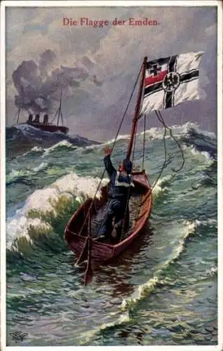 Ak Deutsches Kriegsschiff, SMS Emden, Flagge, Seemann im Rettungsboot