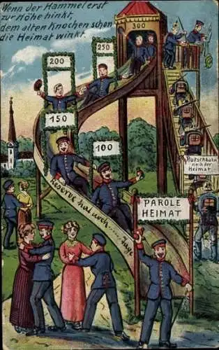 Litho Dienstzeit Reserve, Soldaten mit Frauen, Parole Heimat