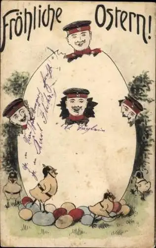 Ak Glückwunsch Ostern, Küken in Uniform, Soldaten