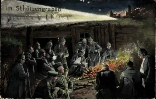 Ak Soldaten im Schützengraben, Lagerfeuer