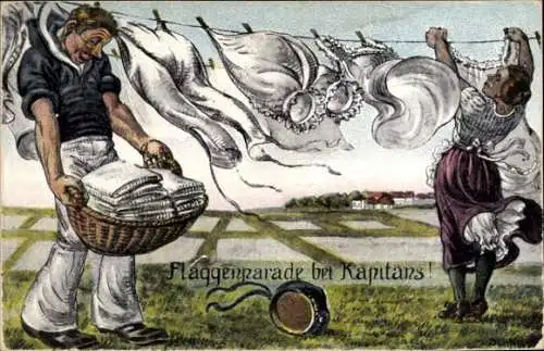 Ak Flaggenparade bei Kapitäns, Marinesoldat und Frau hängen Wäsche auf