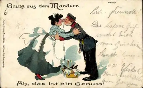 Litho Gruß aus dem Manöver, Ah, das ist ein Genuss, Soldat mit Frau
