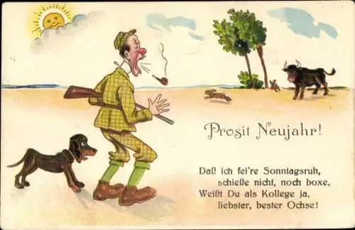 Litho Glückwunsch Neujahr, Mann mit Gewehr, Ochse
