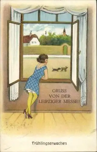 Künstler Ak Frühlingserwachen, Frau blickt aus dem Fenster, Leipziger Messe