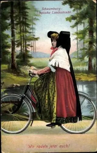 Ak Schaumburg-Lippische Landestracht, Wir radeln jetzt auch