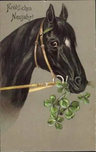 Präge Ak Glückwunsch Neujahr, Pferdekopf, Kleeblatt