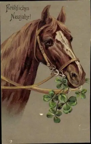 Gräge Litho Neujahr, Pferd, Pferdekopf, Kleeblatt