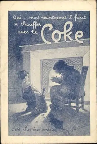 Künstler Ak Frau und ihre Enkeltochter am Kamin, Werbung, Coke