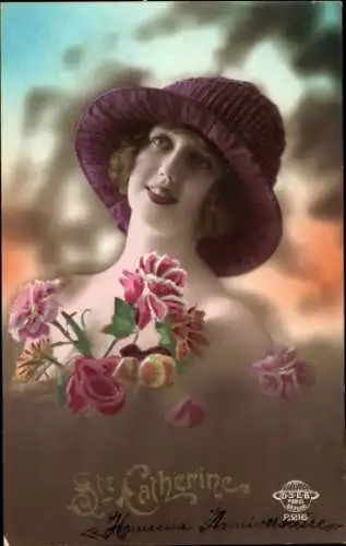 Ak Frau-Porträt, Hut, Blumen, Sankt Katharina, Kitsch
