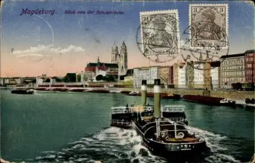 Ak Magdeburg an der Elbe, Blick von der Strombrücke, Dampfer, Dom
