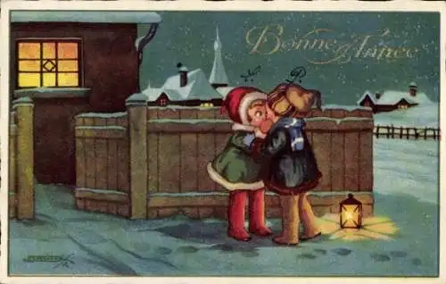 Künstler Ak Neujahr, Kinder, Kuss